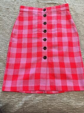 Ann Taylor Pink and Red Check Pencil Skirt with Front Buttons